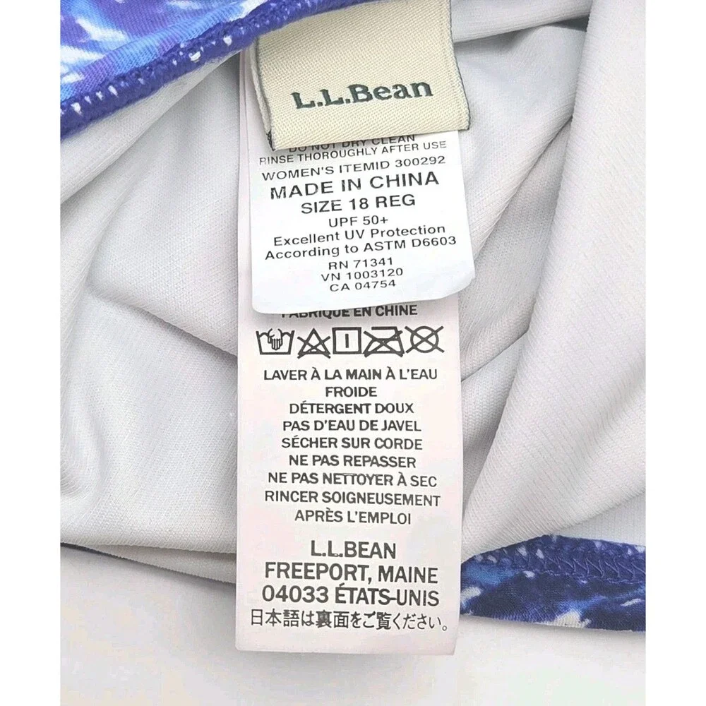 LL Bean Swim Top Tankini Women Sz 18 Padded Bra Blue White Adjustable UPF 50+
